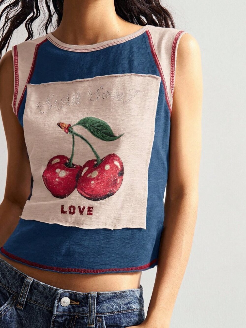 Multicolor Casual Women's Fitted Round Neck Graphic Cherry Sleeveless Tee Top - Picture 5 of 6